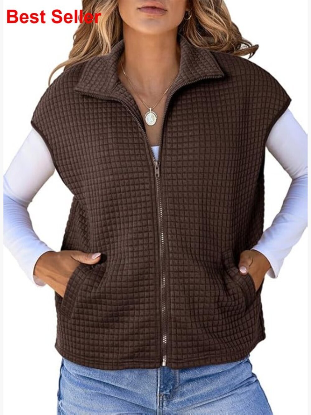 Waffle Knit Zipper Vest with Side Pockets and Cap Sleeves